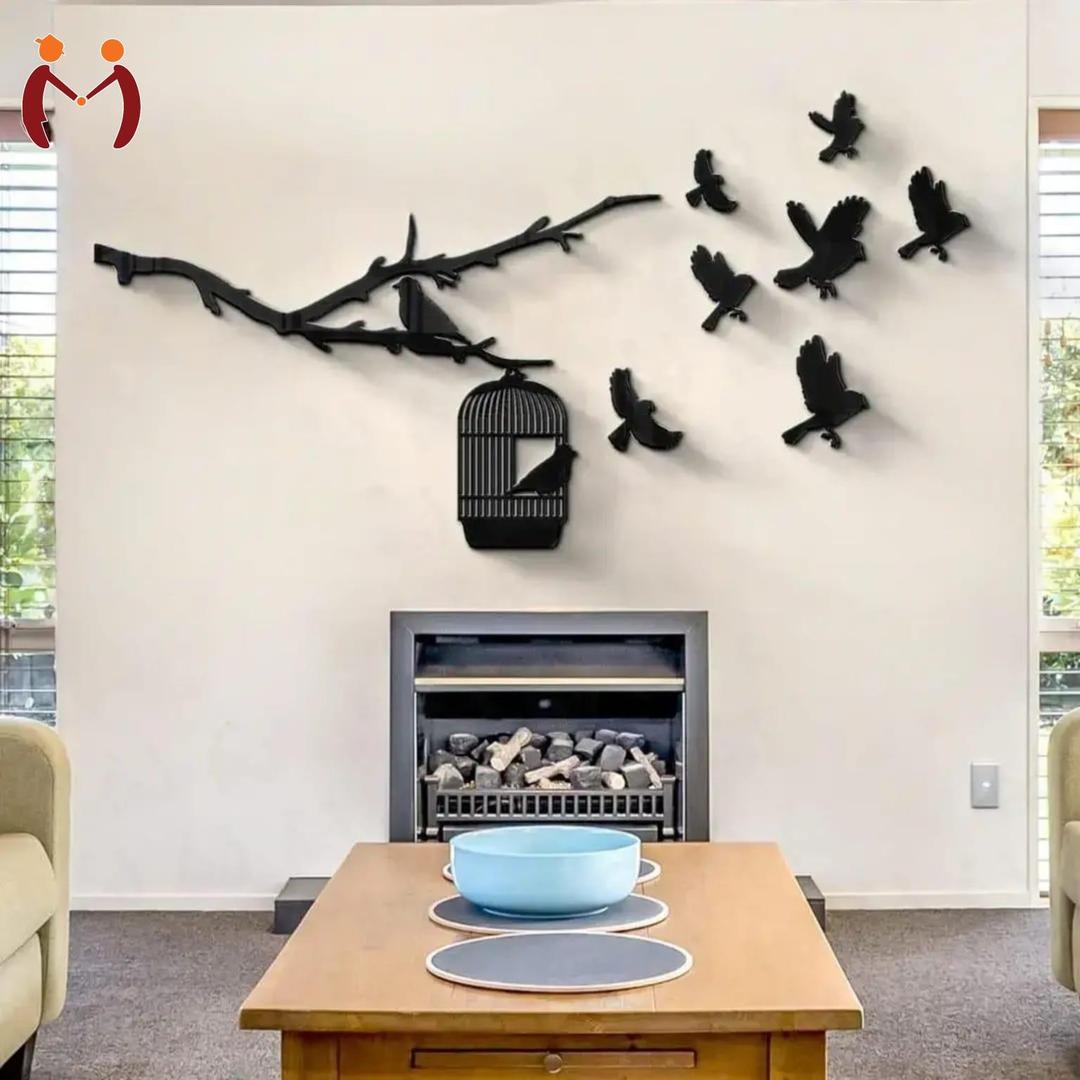 Birds Flying from Cage MDF Wall Art – Black Bird Design Wall Sticker