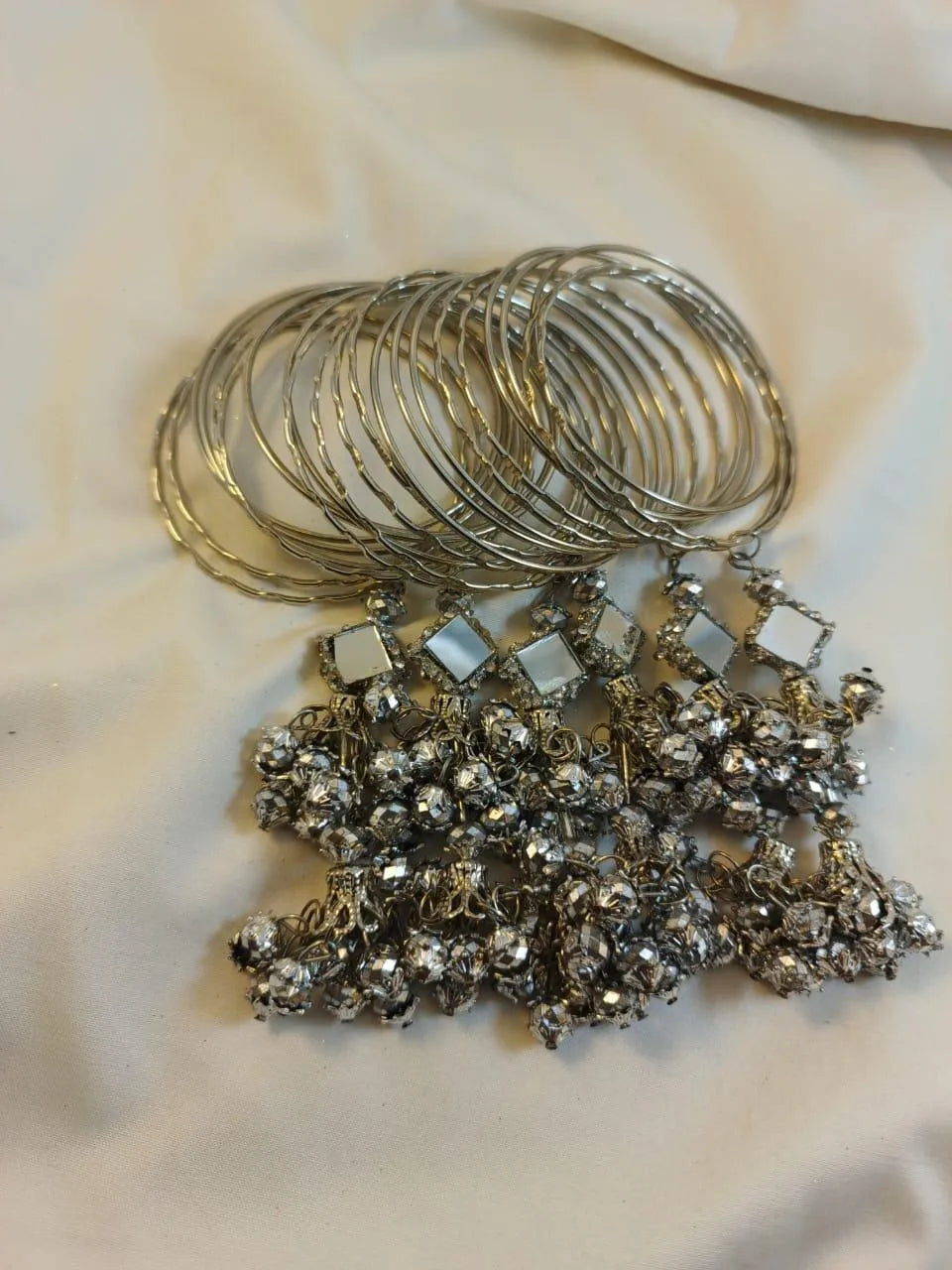 Silver Kara Bangle Set with Nagina Charms – 24 Pcs
