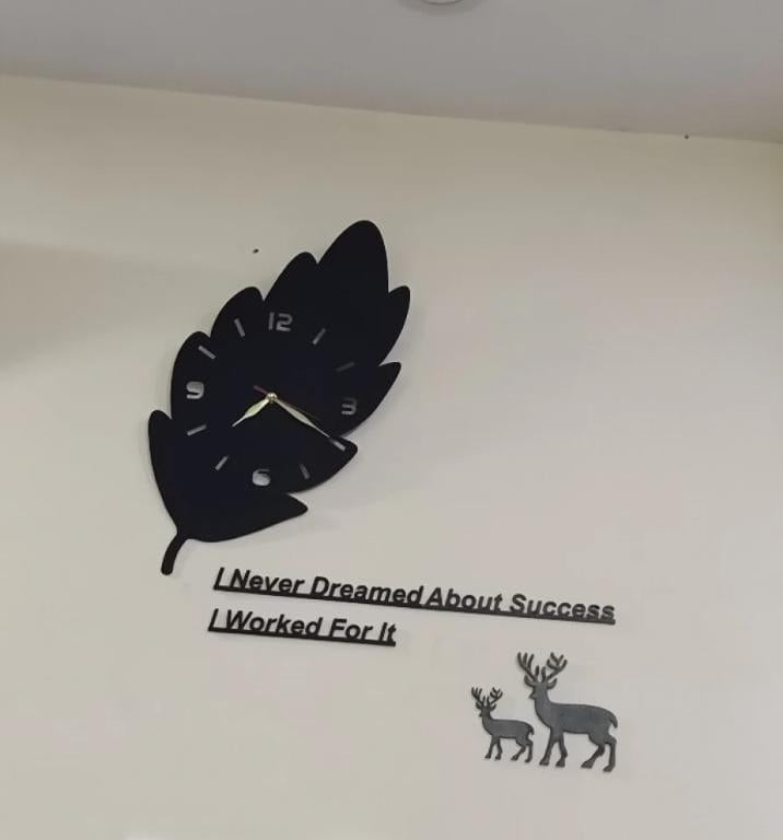 3D Leaf Wooden Wall Clock with Deer & Motivational Quote