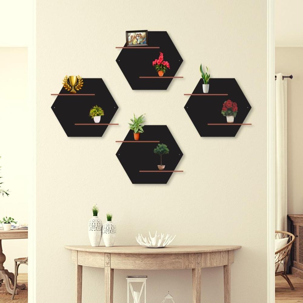 Hexagon Wall Shelves Set of 4 | MDF Wall Art | Ready to Hang