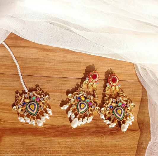 Multicolor Navratan Earring & Bindiya Set
