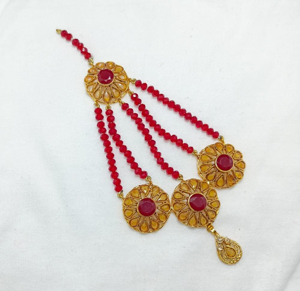 Red Stone Kundan Jhumar – Bridal Hair Accessory for Women