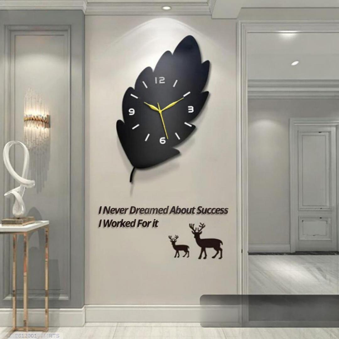 3D Leaf Wooden Wall Clock with Deer & Motivational Quote