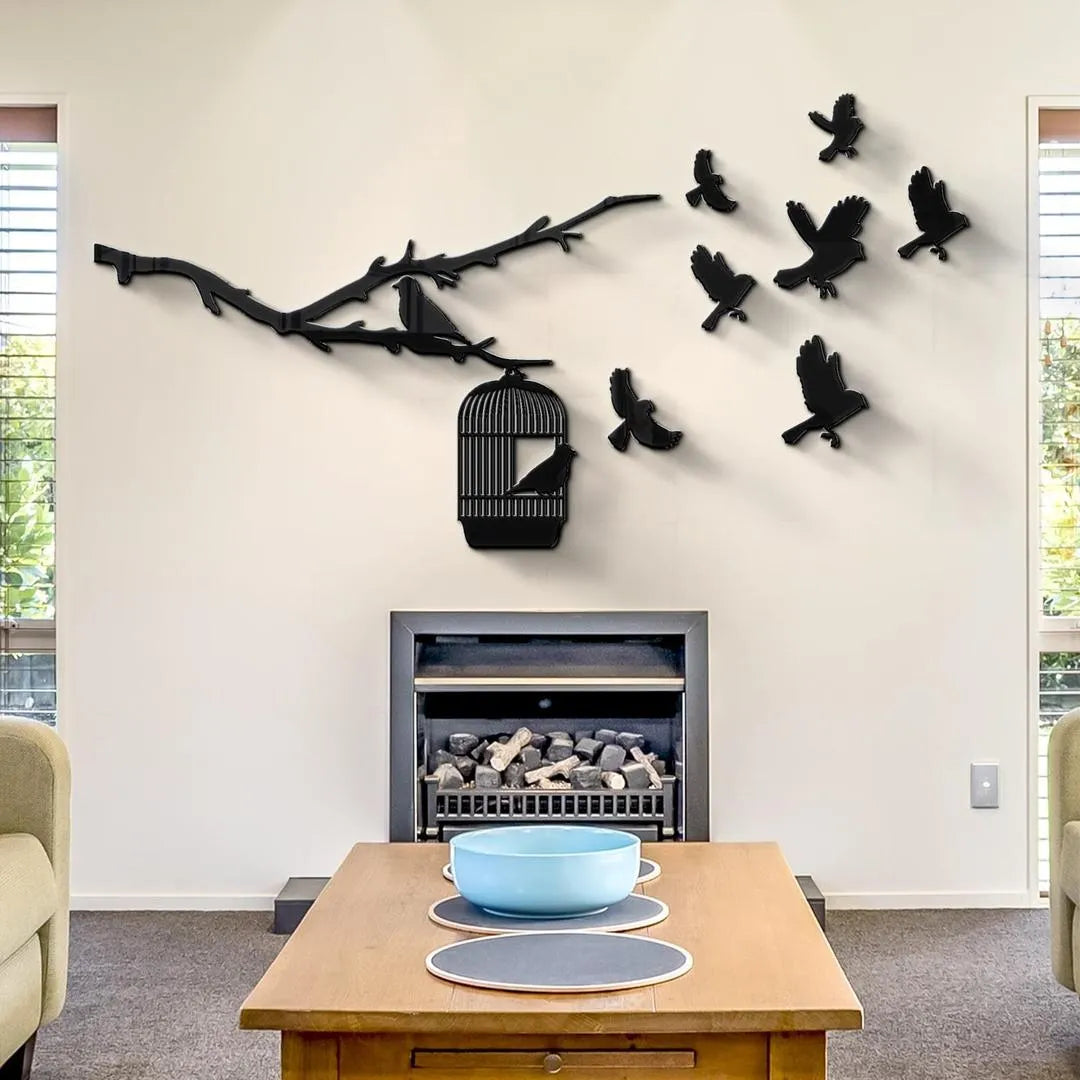Birds Flying from Cage MDF Wall Art – Black Bird Design Wall Sticker