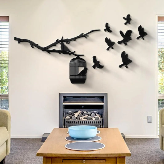Birds Flying from Cage MDF Wall Art – Black Bird Design Wall Sticker