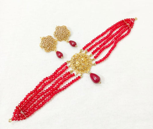 Red Crystal Choker Set with Earrings