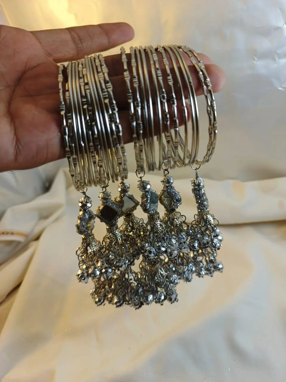 Silver Kara Bangle Set with Nagina Charms – 24 Pcs