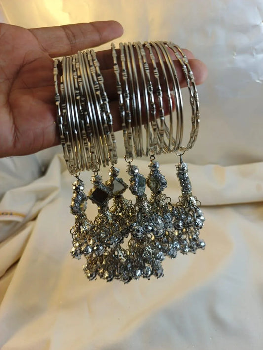 Silver Kara Bangle Set with Nagina Charms – 24 Pcs