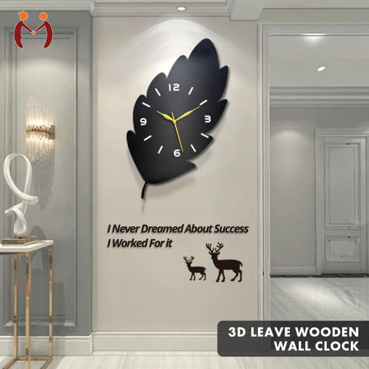 3D Leaf Wooden Wall Clock with Deer & Motivational Quote